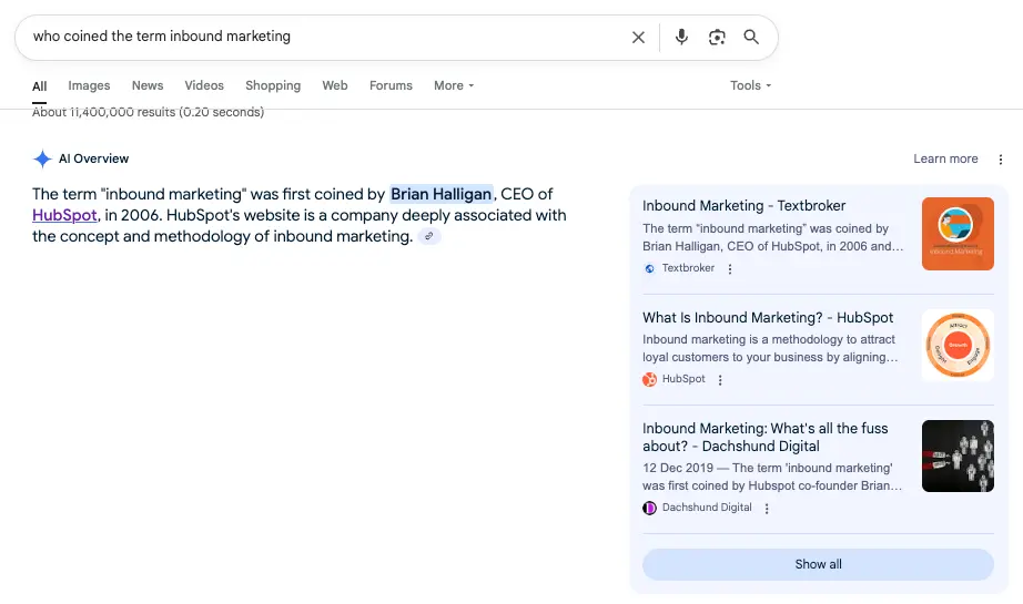 AI Overview showing a concise answer to the question "who coined the term inbound marketing", stating Brian Halligan