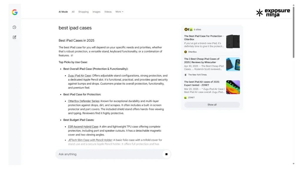 Google AI Mode showing ZUGU in results to question best iPad cases